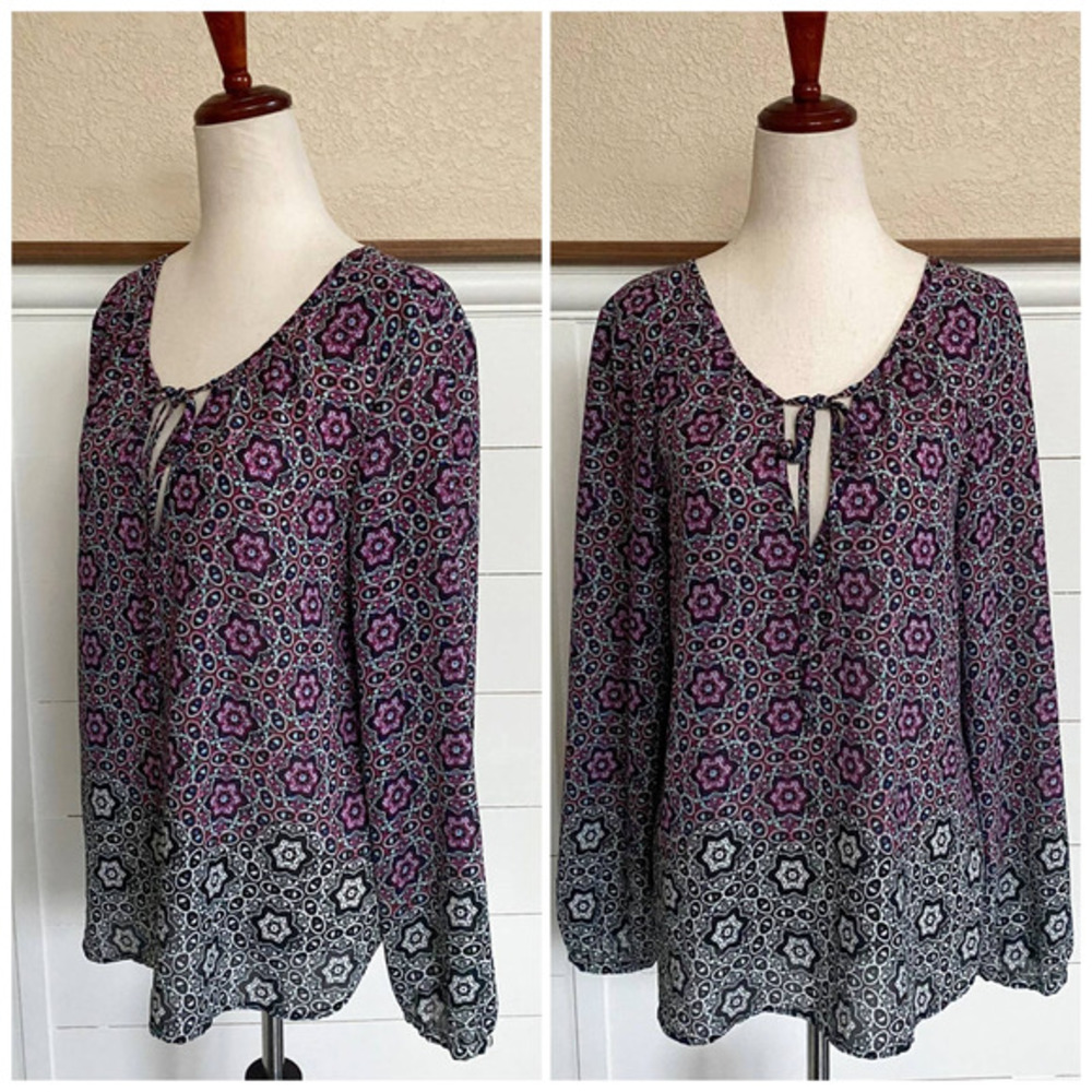 Sanctuary Ombre Medallion‎ Floral Tie-Neck Long sleeve Blouse XS